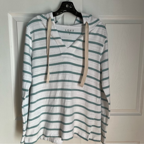 LOFT AQUA AND WHITE STRIPED PULL ON HOODIE - Picture 3 of 12